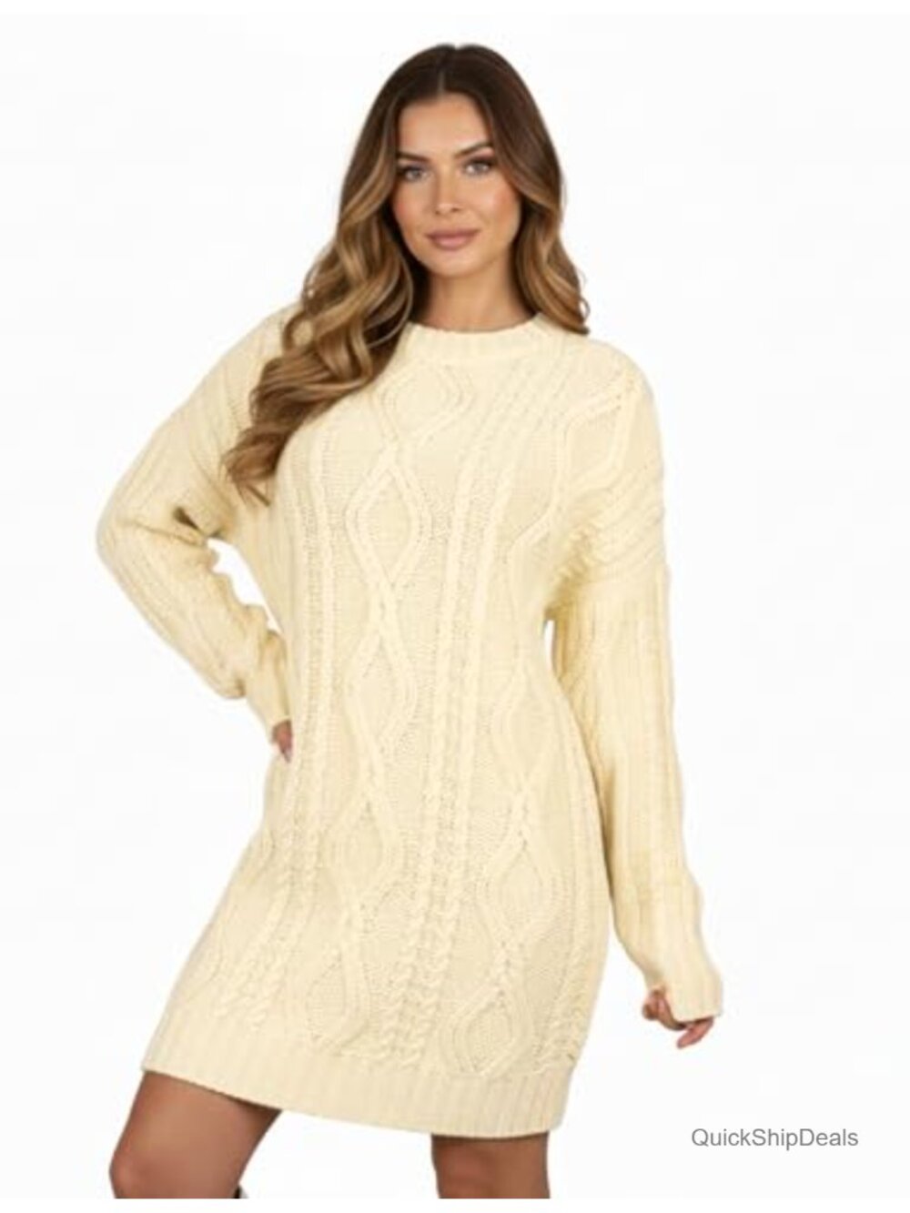 Oversized Cable Knit Sweater Dress Crew Neck Long Sleeve Tunic Pullover